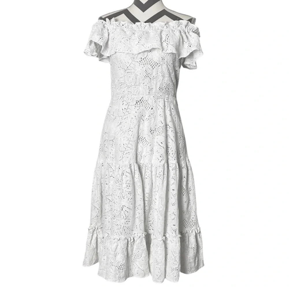 Isolda Eyelet Dress Size Small 4 Off The Shoulder Ruffled White Midi Lace Flare